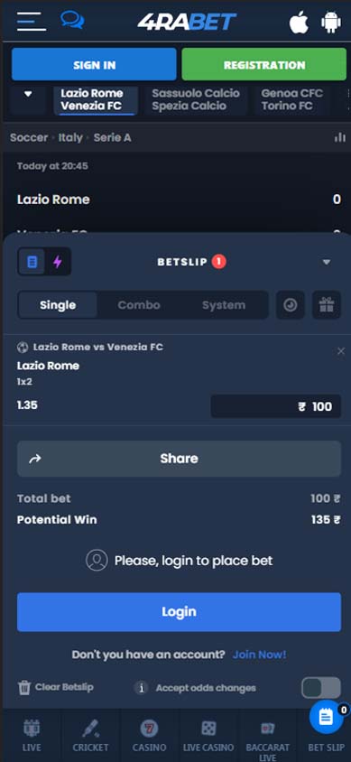 4rabet place a bet on particular football match.